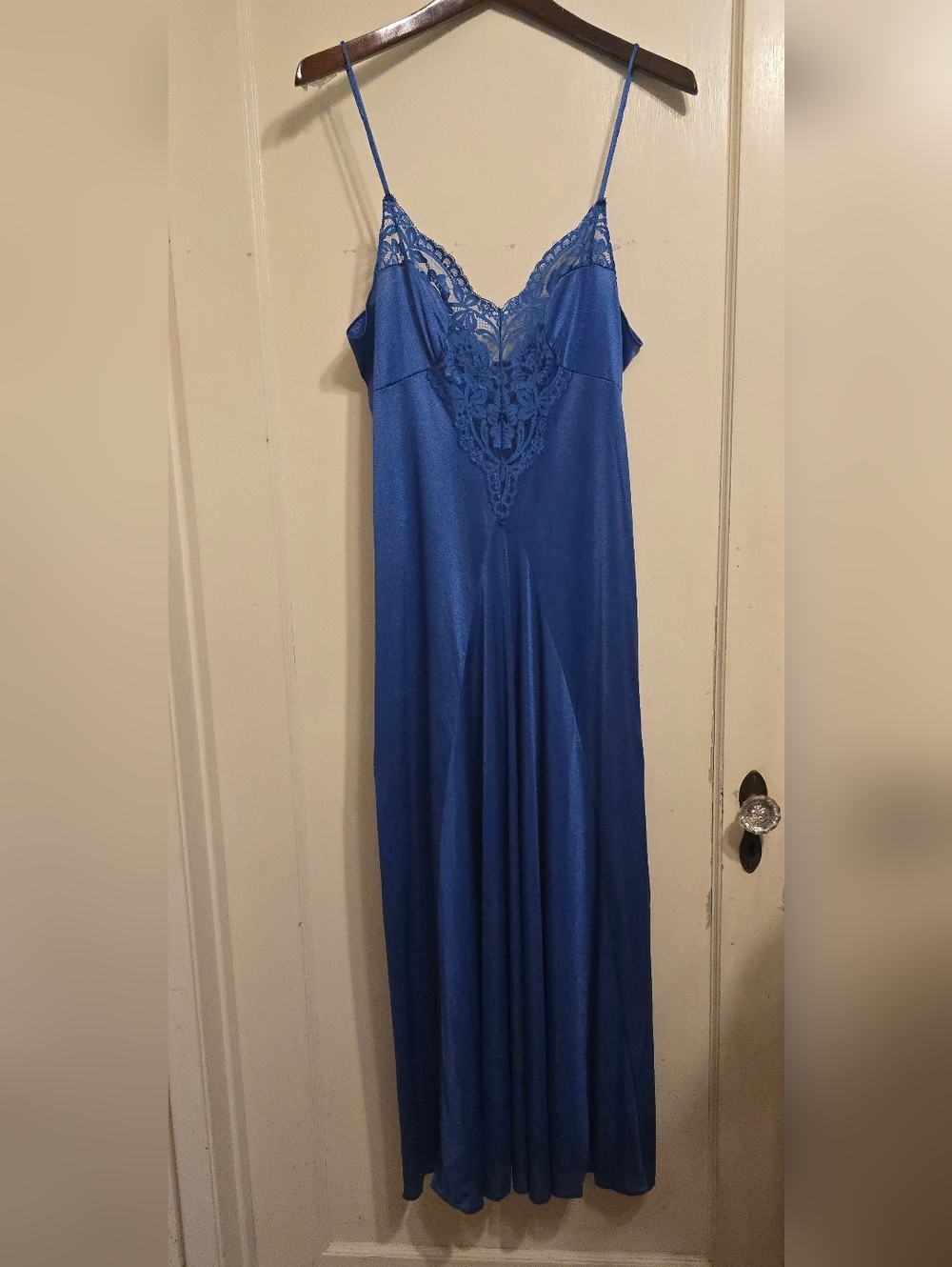 Vintage Sears Royal Blue Full Slip Nightgown Lace Sweep Spaghetti Straps